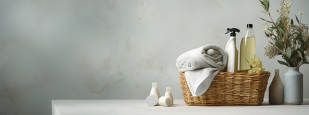 Basket of chemical and alternative eco detergent, cleaning and laundry products on a table with towels and gray wall background. Front view. Horizontal composition.の素材