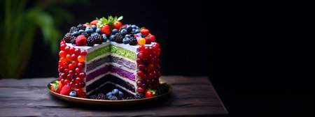 Rainbow multicolored cake with whipped cream top on dark background. Colorful Birthday cake with cream cheese frosting, fresh berries and flowers.の素材