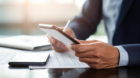 Desk with business documents and hands holding phone. Concept of online digital signature on contract document using Smartphone. Uses smartphone for work and analyticsの素材