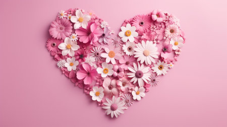 Valentine's Day background. White and pink flowers, hearts on pastel pink background. Valentines day concept. Flat lay, top view, copy spaceの素材
