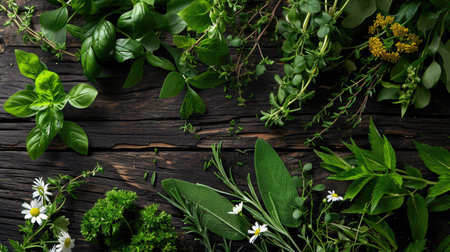 Mix of fresh herbs from garden on an old table top view. Parsley, basil, rosemary, thyme, mint, marjoram. Green herbs backgroundの素材