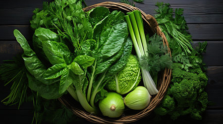 Green fruits and vegetables in a basket for healthy diet, top view. Clean eating conceptの素材