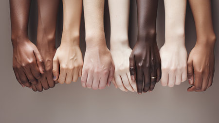 Hands of different people, of diverse race, skin color, gender raising over grey background. Human rights and equality. Concept of human relation, community, togetherness, symbolism, cultureの素材