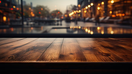 Empty wooden table in front of blurred street cafe bar or restaurant. Abstract lights bokeh background, front view, free space for your product.の素材