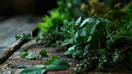 Mix of fresh herbs from garden on an old wooden table Parsley, basil, rosemary, thyme, mint, marjoram. Green herbs backgroundの素材