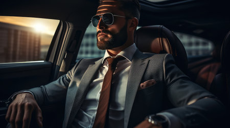 Successful businessman in a expensive suit sitting in the back seat of a luxury carの素材