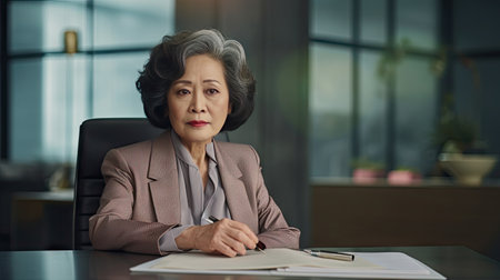 Close-up portrait of smiling asian senior professional businesswoman sitting in the office while looking at camera.の素材