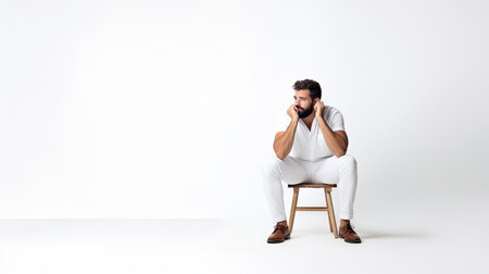 Confident, smart and handsome businessman in a suit sitting on chair and thinking on white background.の素材
