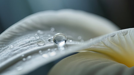 Macro delicate surface of wet white flower petal with raindrops glowing on bright sunlightの素材