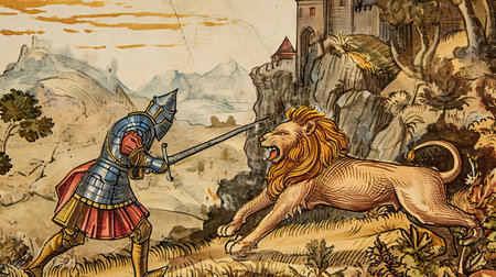 medieval style scene with fight knight against a lionの素材