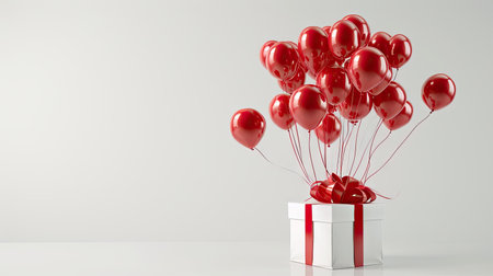 White present box with red ribbon and many red balloons tied to it standing in empty white room. Concept of marketing and advertising. 3d rendering mock upの素材