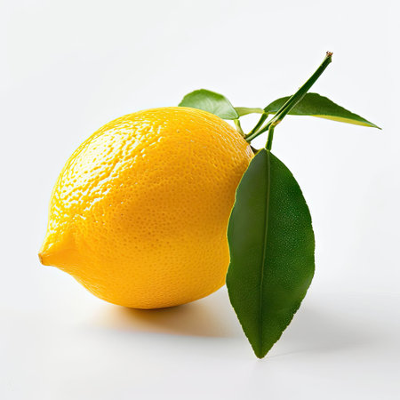 lemon with leaf isolated on white background. close up photoの素材
