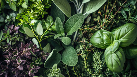 Closeup of fresh herbs. Parsley, basil, rosemary, thyme, mint, marjoram. Green herbs backgroundの素材