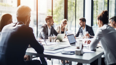 Teamwork, meeting and business people in discussion at the table in modern office for brainstorming and planning. group of corporate employees working on project together in workplace boardroomの素材