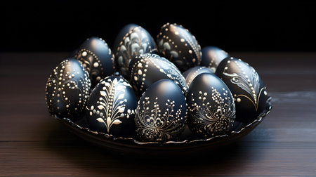 Black easter eggs with Gold and white decorations painted by hand on a dark background, Easter, stylish minimal compositionの素材