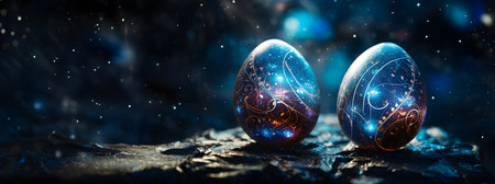 Composition with fantastic futuristic Easter eggs on a dark space background. Copy space.の素材