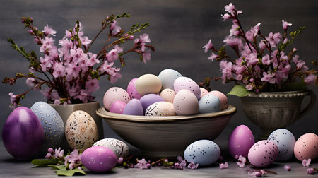 Colorful Easter home decoration. Table with Colorful dyed eggs and rabbit ears, flowers and easter bunny for festive Easter celebration at home. Easter cardの素材