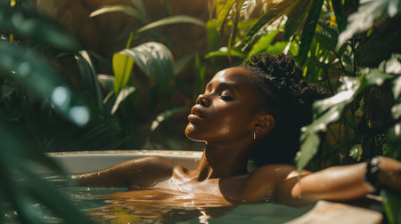 African american woman relaxing in the bath on a background with tropical plants. spa treatment, concept of body and skin care.の素材