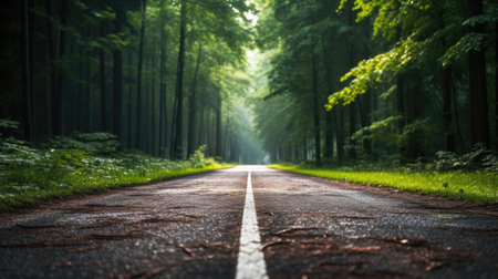 Close up Running or bicycle track with shade under the trees in public park or forest in summer with green nature background.の素材