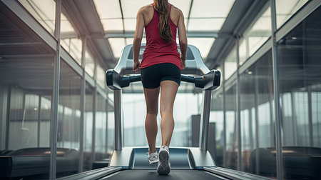 Legs of sportsman woman running on treadmill in fitness gym center, back view or rear view. Sport and Healthy lifestyle concept. People workout and exercise activity.の素材