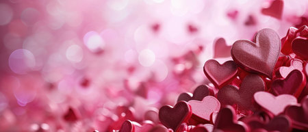 Bouquet of pink flovers and hearts on pink background. Mother's day, Valentines Day, Birthday celebration concept. Greeting card. Copy space for textの素材