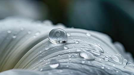 Macro delicate surface of wet white flower petal with raindrops glowing on bright sunlightの素材