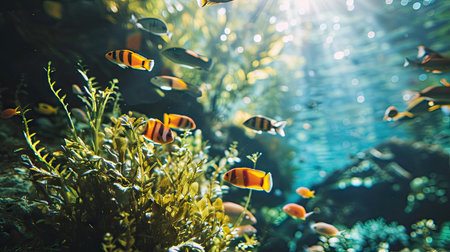 underwater seascape background, reef close up with green plants and small fishの素材
