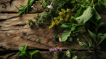 Mix of fresh herbs from garden on an old table top view. Parsley, basil, rosemary, thyme, mint, marjoram. Green herbs backgroundの素材