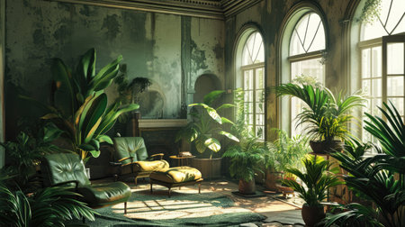 Urban jungle apartment. armchair and sofa near big panoramic window, indoor plants, monstera, palm trees. Biophilia design. Cozy tropical home garden. Eco friendly decor of living roomの素材