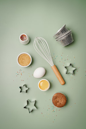 Baking or cooking colorful background. Ingredients, kitchen items for baking. Kitchen utensils,...