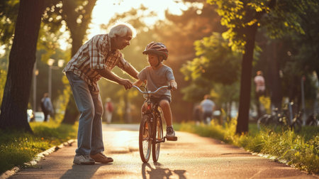 Happy family grandfather teaches boy grandson to ride a bike in summer park in natureの素材