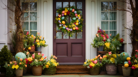 House entrance staircase at home decorated for easter. Wooden porch of house with different flowers. Terrace of summer house. Spring design home with bloom flowers and decoration lanterns on steps.の素材
