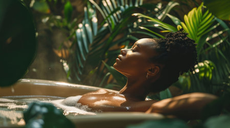 African american woman relaxing in the bath on a background with tropical plants. spa treatment, concept of body and skin care.の素材