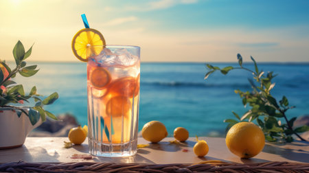 Glass with tropical cocktail and beautiful view of ocean as a backgroundの素材