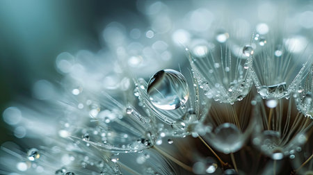 Beautiful shiny dew drops on a dandelion seed. Close-up macro. Sparkling bokeh. Water drops on a parachutes dandelion on a beautiful blue backgroundの素材