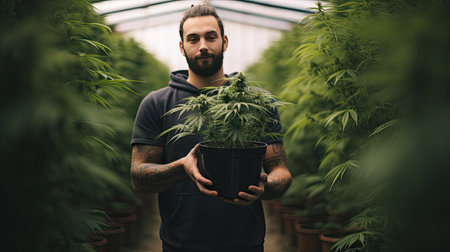 man in greenhouse Holding small canabis plantの素材