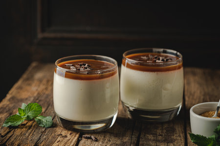 Vanilla panna cotta desert with caramel sause and chocolate in glassesの写真素材