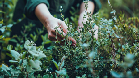 A woman collects medicinal herbs. Selective focus. Nature. Close up photo with handsの素材