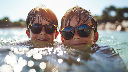 Two young boys wearing sunglasses swimming in the pool or in a sea, summer holiday in waterの素材