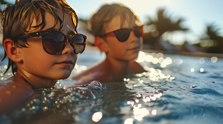 Two young boys wearing sunglasses swimming in the pool or in a sea, summer holiday in waterの素材