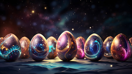 Composition with fantastic futuristic Easter eggs on a dark space background. Copy space.の素材