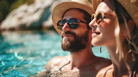 Young couple wearing sunglasses, having fun and relaxing in resort swimming pool or sea. Summer holiday and vacations conceptの素材