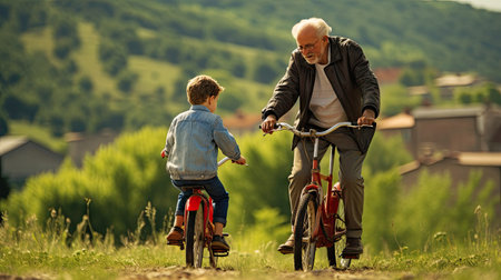 Happy family grandfather teaches boy grandson to ride a bike in summer park in natureの素材