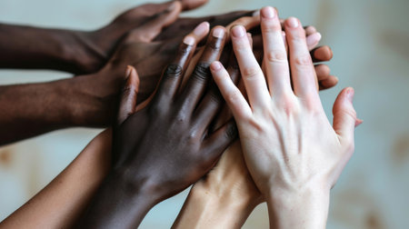Hands of different people, of diverse race, skin color, gender raising over grey background. Human rights and equality. Concept of human relation, community, togetherness, symbolism, cultureの素材