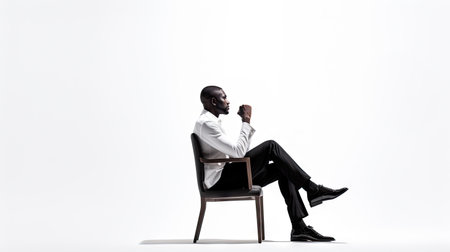 Confident, smart and handsome businessman in a suit sitting on chair and thinking on white background.の素材