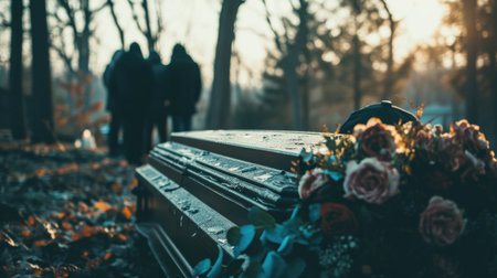 Death, funeral and coffin with family mourning, sad and depressed for grieving time. Grief together, mental health and people in black suits giving their last goodbyes at the cemeteryの素材