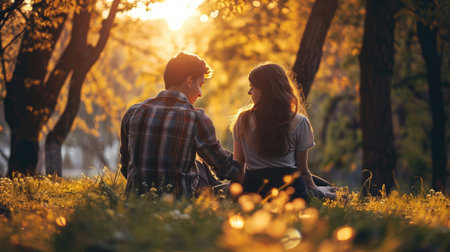 Young couple seating on grass in park, they holding hands and fell in love. Romantic dating in a parkの素材