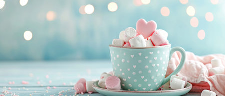 Blue mug on a blue background filled with marshmallows in the form of hearts. Valentine's day holiday conceptの素材
