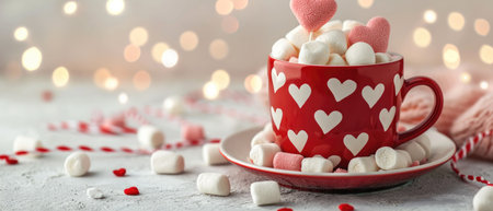 Red mug on a white background filled with marshmallows in the form of hearts. Valentine's day holiday conceptの素材