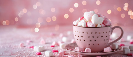 Pink mug on a pink background filled with marshmallows in the form of hearts. Valentine's day holiday conceptの素材